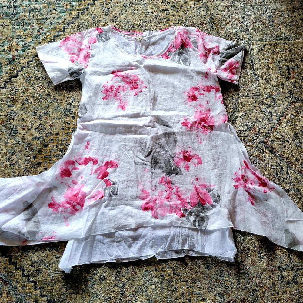 Womens L Boho Linen White & Pink Floral Oversized Top